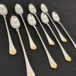 Set of 8 Yamazaki Cara Gold Accent Stainless Tall Beverage Spoons Flatware Japan